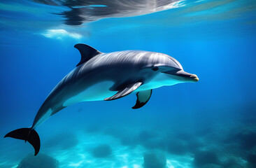 Fototapeta premium Dolphin in the blue sea near the surface