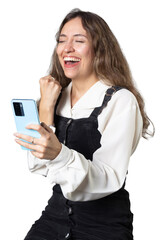 Young Woman Celebrating a Victory After Seeing News on Her Phone