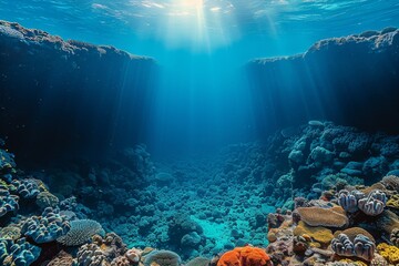 Obraz premium Sunbeams penetrate the clear blue water, illuminating the vibrant coral reef below in a stunning underwater scene.