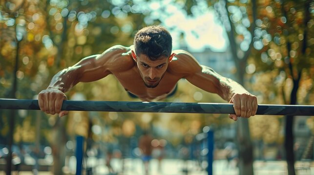 Defocused Calisthenics Athlete on Parallel Bars in Park