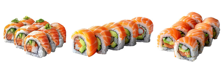 Set of Fresh Sushi Roll with Avocado and Salmon, Cut Out Isolated on Transparent Background