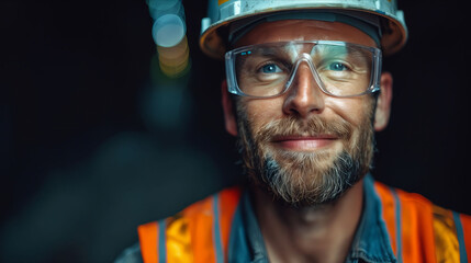Fototapeta premium A man in a hard hat and glasses smiling.