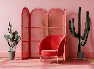 A pink wall with three decorative room screens in front of it, a red armchair and cacti on the floor