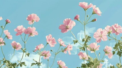 illustration of pink geranium flowers blooming against a bright blue sky