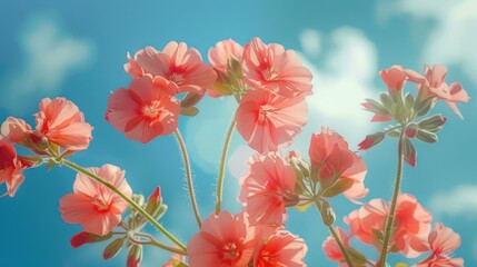 Fototapeta premium A cluster of delicate pink geranium flowers bloom against a bright blue sky, with sunbeams shining through the petals