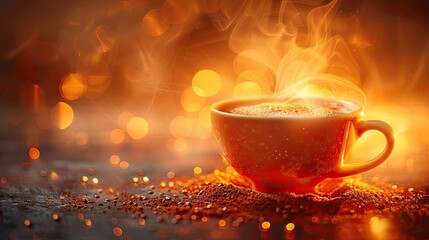 Obraz premium A steaming cup of coffee surrounded by scattered coffee beans on a wooden table, bathed in warm sunrise light..