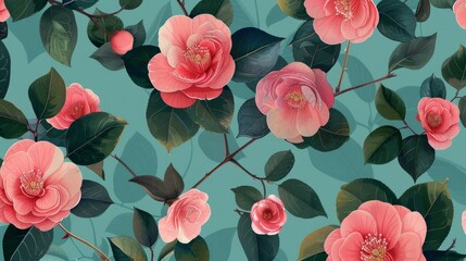 An illustration of a pattern featuring pink camellia flowers and green leaves on a teal background