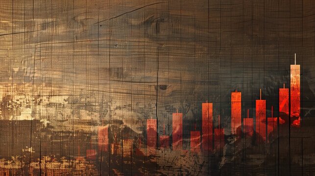 Illuminated stock market candlestick chart overlay on a textured wooden background, representing financial analysis and trading concepts..