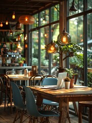 An open MacBook computer is placed in an empty cafe, high-end and realistic.