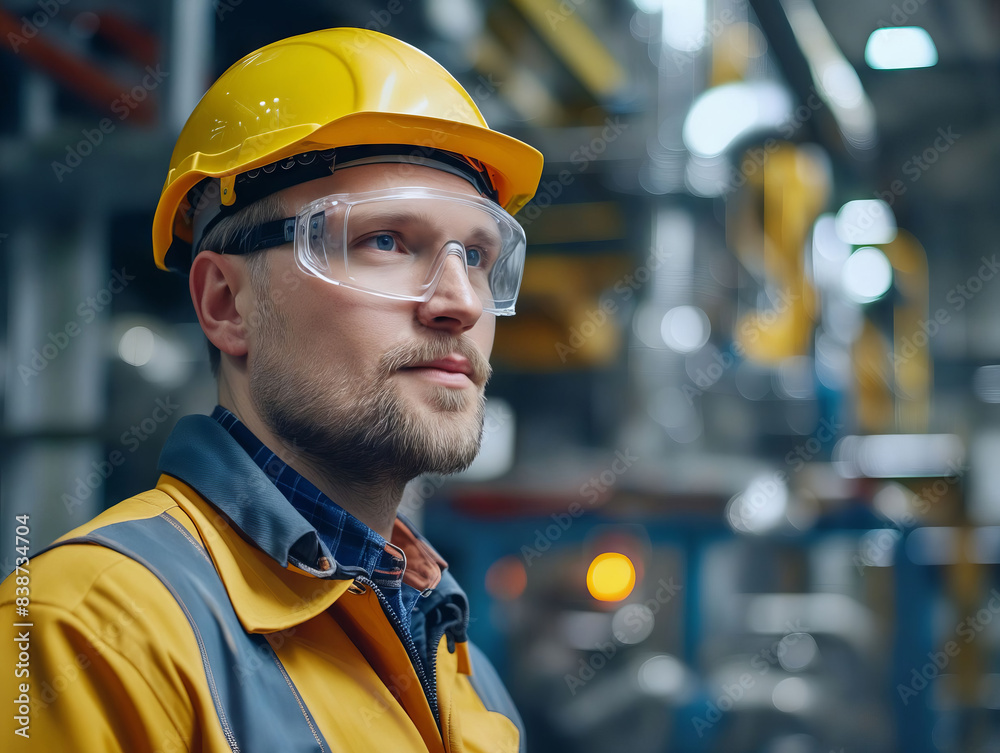 Wall mural A man in safety glasses and hard hat standing in a factory.