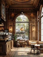 An open MacBook computer is placed in an empty cafe, high-end and realistic.