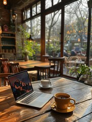 An open MacBook computer is placed in an empty cafe, high-end and realistic.