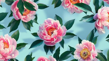 illustration of a pattern featuring pink peonies with green leaves on a blue background