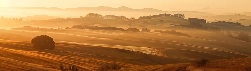 Fototapeta premium Capturing the golden hour in a serene landscape, with soft light casting long shadows over rolling hills, tranquil and warm atmosphere