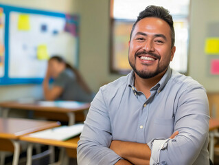 Obraz premium A smiling man standing in a classroom.