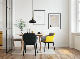 A simple dining room with white walls, black chairs and a yellow chair in the middle of a wooden table