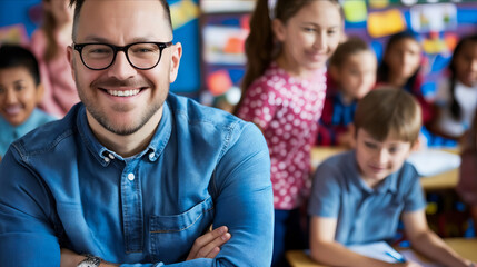A smiling man in glasses with children in the background.