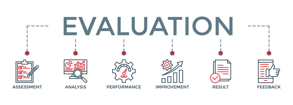 Banner icon evaluation concept. Assessment, analysis, performance, improvement, results and fedback vector illustration concept.