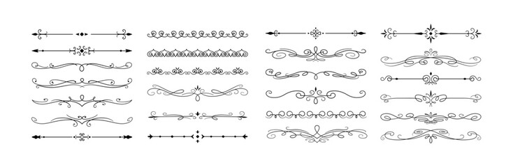 Obraz premium Vintage decorative dividers flat vector elements set. Elegant text delimiters with swirls antique design collection on white background
