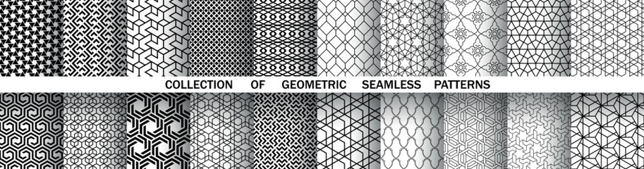 Geometric set of seamless black and white patterns. Simple vector graphics.