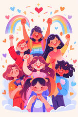 LGBT community celebration Pride month with them child , Asian gay, Indian, daddy, gay and lesbian relationship. Rainbow and Pride element with white background.	
