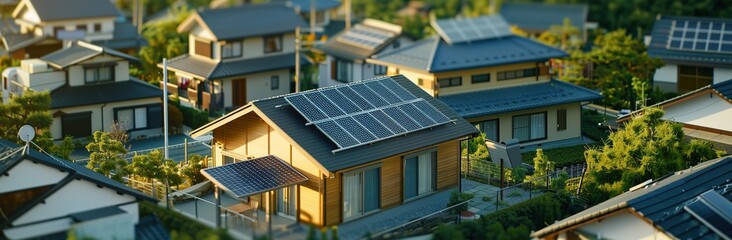 A Miniature Model of a House with Solar Panels on the Roof, a Photovoltaic System, Illuminated in the Style of the Lights Inside the Home, from a Top View, with a City Background.