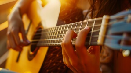 Obraz premium Female guitarist's hand strumming an acoustic guitar.
