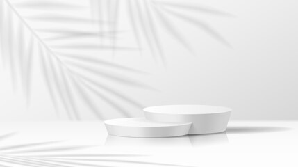 Mockup stage with palm branch shadow realistic vector illustration. Empty showcase. Product presentation podium 3d object on white background