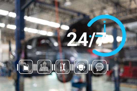 Customer service guarantee concept. Car service, maintenance and repair service nonstop service 24 hr.  Auto Repair Center. Business hour 24/7 service coverage.