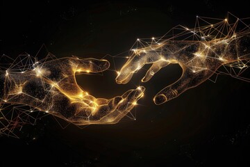 Abstract 3D render of hands reaching out, connected by glowing lines, forming a global network.