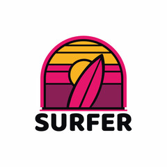 surfer logo with a combination of a man, waves, beach, palm,