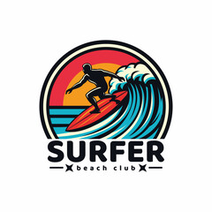 Fototapeta premium surfer logo with a combination of a man, waves, beach, palm,