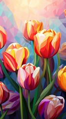Fototapeta premium A vibrant painting depicting a close-up of a bouquet of tulips with a geometric background, wallpaper