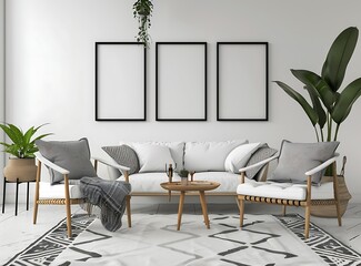 A white room with black and grey decoration