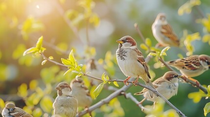 Obraz premium A Group of Birds Sitting on the Branches and Singing in Spring, with Beautiful Sunlight and a Background of Blurred Green Leaves. 
