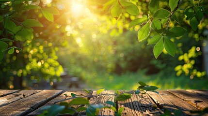 Spring summer beautiful natural background with green foliage in sunlight and empty wooden table...