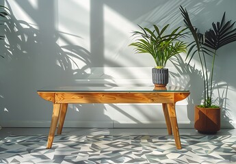 A wooden coffee table with a glass top, near the wall in sunlight, on which there is an indoor plant and a geometric carpet, in the style of Scandinavian interior design