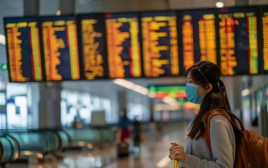 Obraz premium Asian female wearing face mask with suitcase checking flight cancellation status on airport information board in empty airport. airline bankrupt which is very exciting