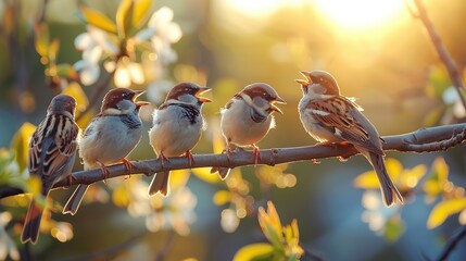 A Group of Birds Sitting on the Branches and Singing in Spring, with Beautiful Sunlight and a Background of Blurred Green Leaves. 