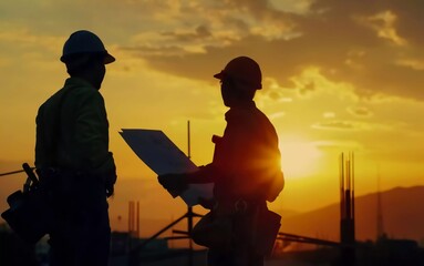 Obraz premium Architect civil Engineer and worker checking project at building site background, construction site at sunset in evening time. Silhouette of construction which is very exciting