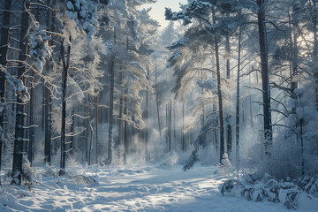 Serene Winter Wonderland in a Snow-Covered Forest at Dawn, Generative Ai