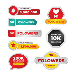 Set of thank you follower badge label sticker design with black and golden theme, isolated on white background. Thank you followers label badge, greeting for audience.