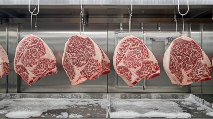 Clean, cold storage room with Wagyu beef carcasses cut in half on hooks