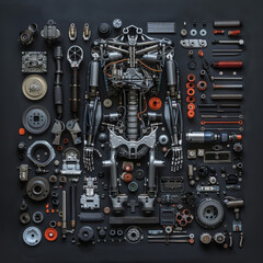Fototapeta premium knolling of human like robot with auto parts 