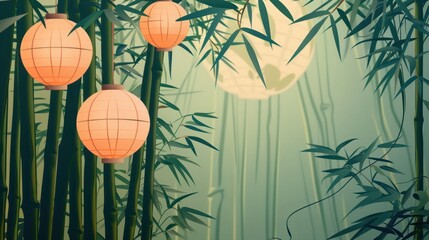 Bamboo background with lanterns, earthy tones, flat design, cultural elements