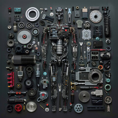 Fototapeta premium knolling of human like robot with auto parts 