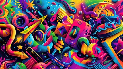 One side illustration of assorted items, other side hyper-realistic, bright neon colors, mixed styles, digital