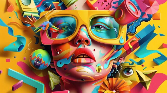 Random objects, split between illustration and realism, vibrant colors, contrasting styles, eclectic digital art