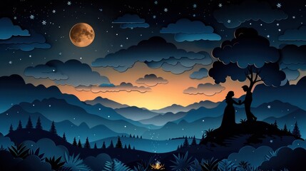 Fototapeta premium A beautiful paper cut style scene of a couple camping under a starry sky while sipping coffee by the campfire