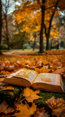 Open book on a wooden bench with autumn leaves swirling around, magical atmosphere in a forest. Generated AI.